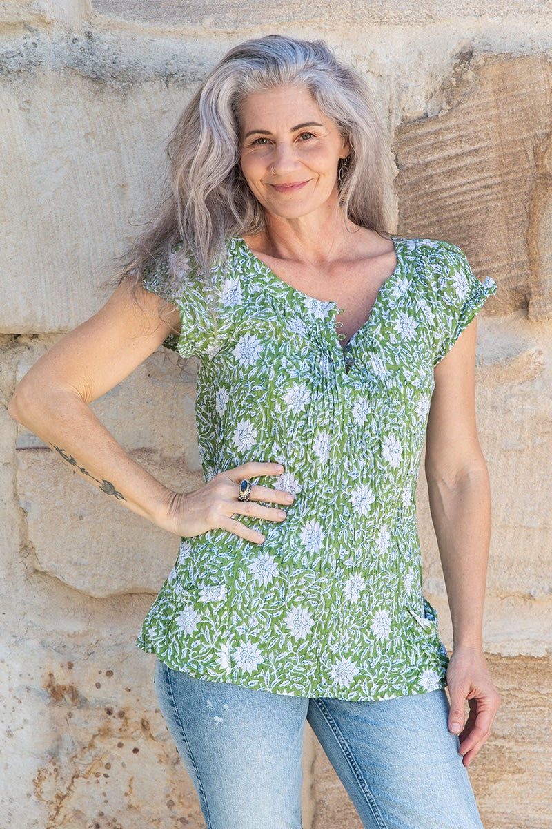 Womens, Sundra blouse, cap sleeves, 100% cotton, hand block print. In vibrant Evergreen