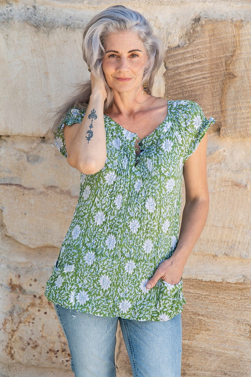 Womens, Sundra blouse, cap sleeves, 100% cotton, hand block print. In vibrant Evergreen
