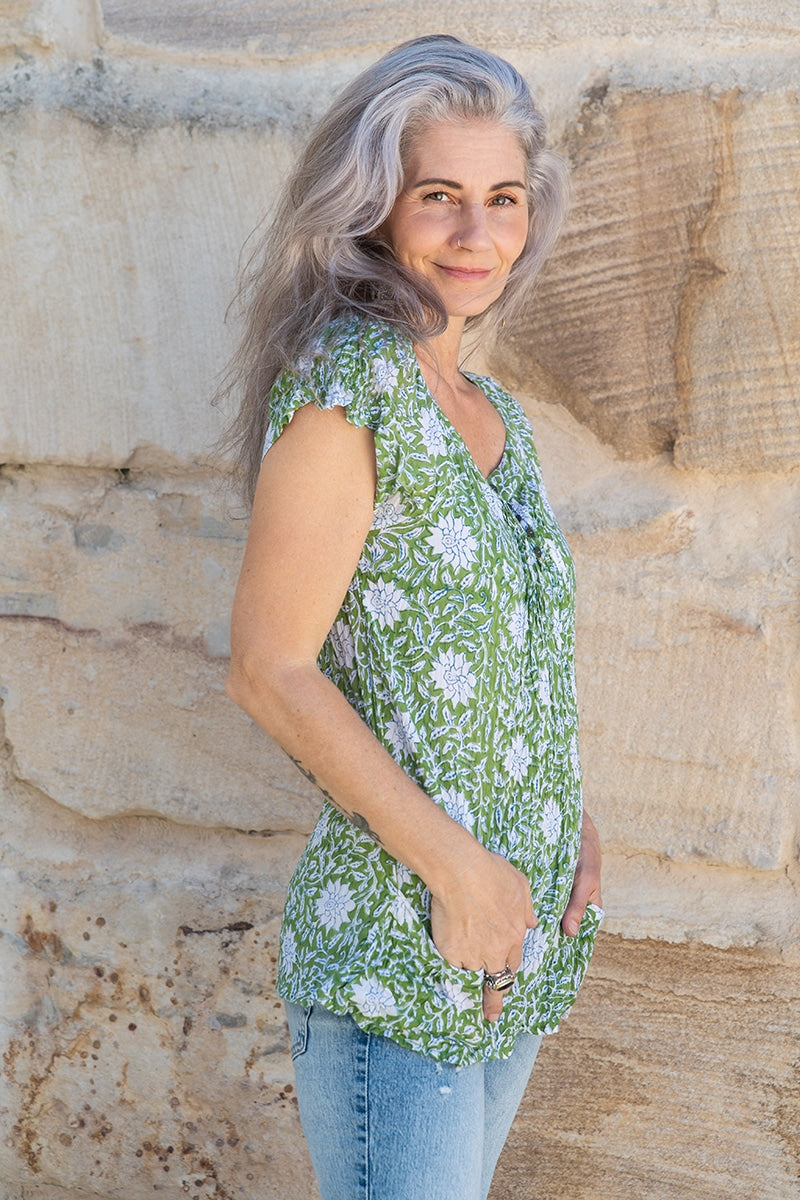 Womens, Sundra blouse, cap sleeves, 100% cotton, hand block print. In vibrant Evergreen