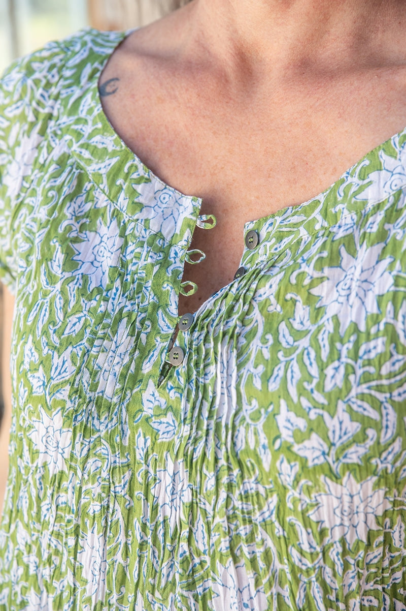 Womens, Sundra blouse, cap sleeves, 100% cotton, hand block print. In vibrant Evergreen