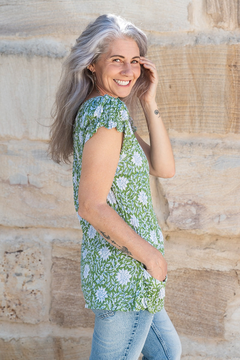 Womens, Sundra blouse, cap sleeves, 100% cotton, hand block print. In vibrant Evergreen