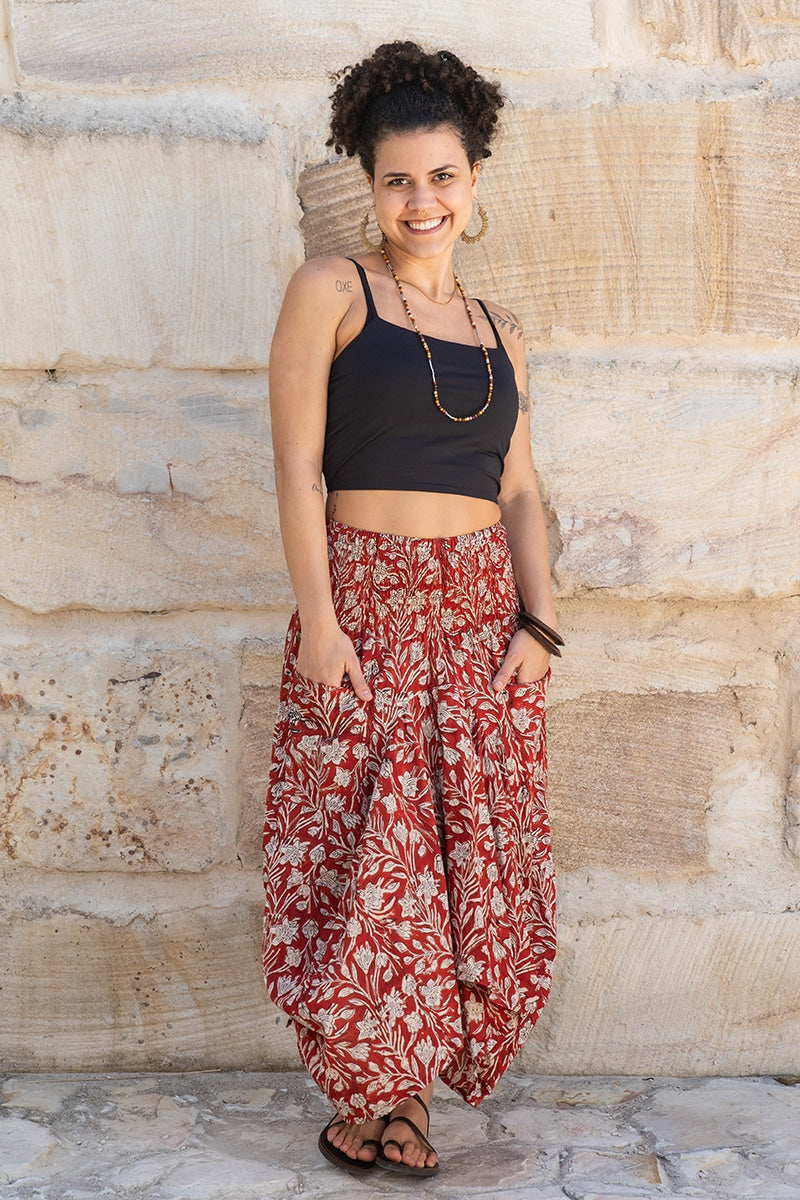 Womens, Coco Skirt, 100% cotton, hand block print. In rustic red - Rubira