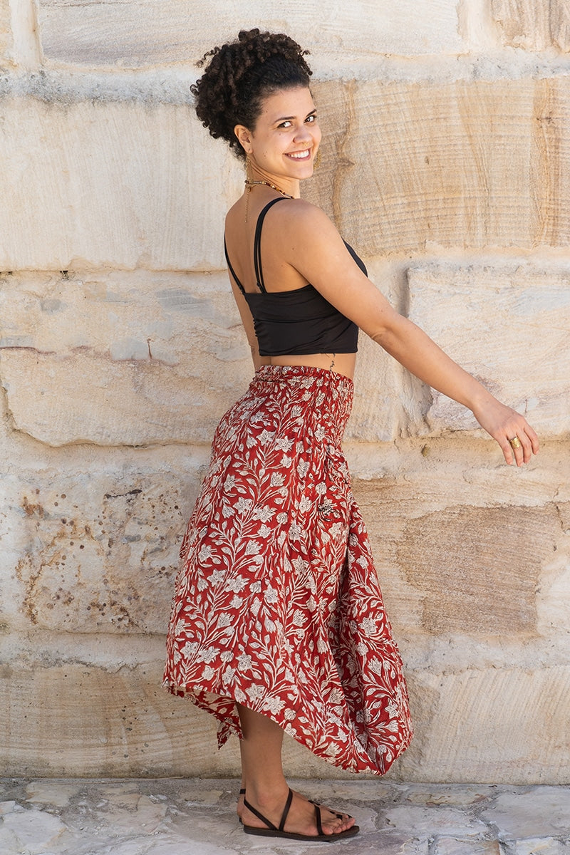 Womens, Coco Skirt, 100% cotton, hand block print. In rustic red - Rubira
