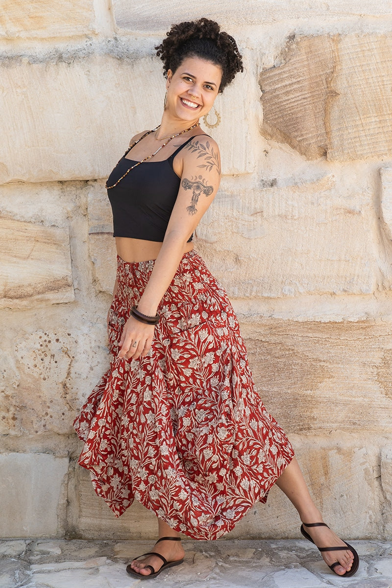 Womens, Coco Skirt, 100% cotton, hand block print. In rustic red - Rubira