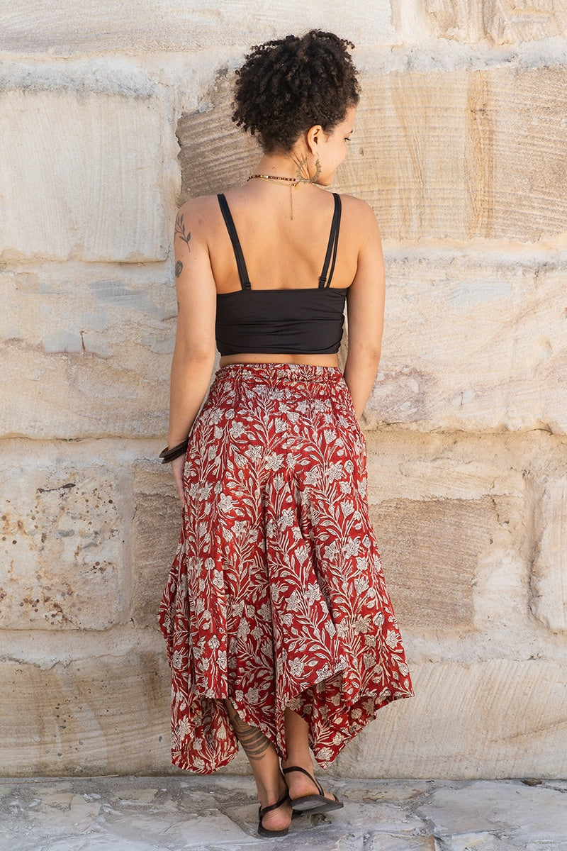 Womens, Coco Skirt, 100% cotton, hand block print. In rustic red - Rubira