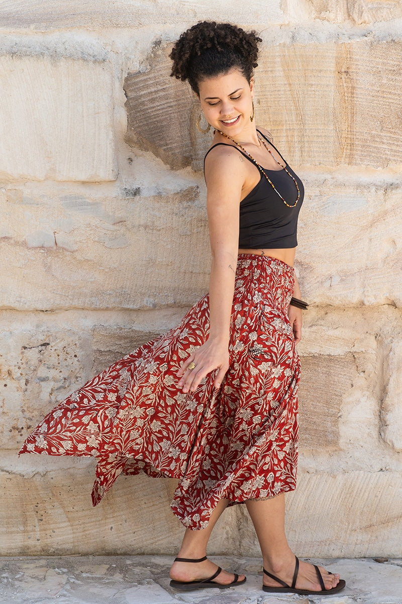 Womens, Coco Skirt, 100% cotton, hand block print. In rustic red - Rubira