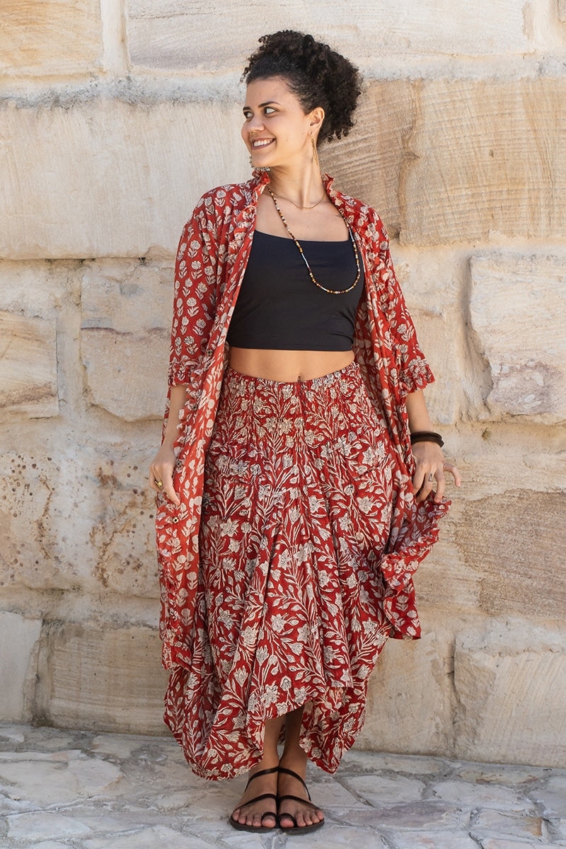 Womens, Shimla Coat, & Coco Skirt, 100% cotton, hand block print. In rustic red - Kalika and Rubira