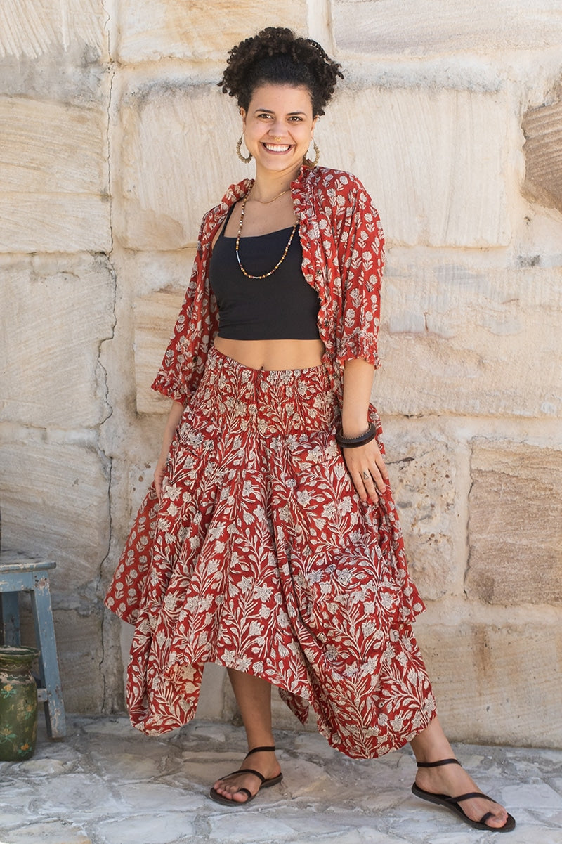 Womens, Shimla Coat, & Coco Skirt, 100% cotton, hand block print. In rustic red - Kalika and Rubira