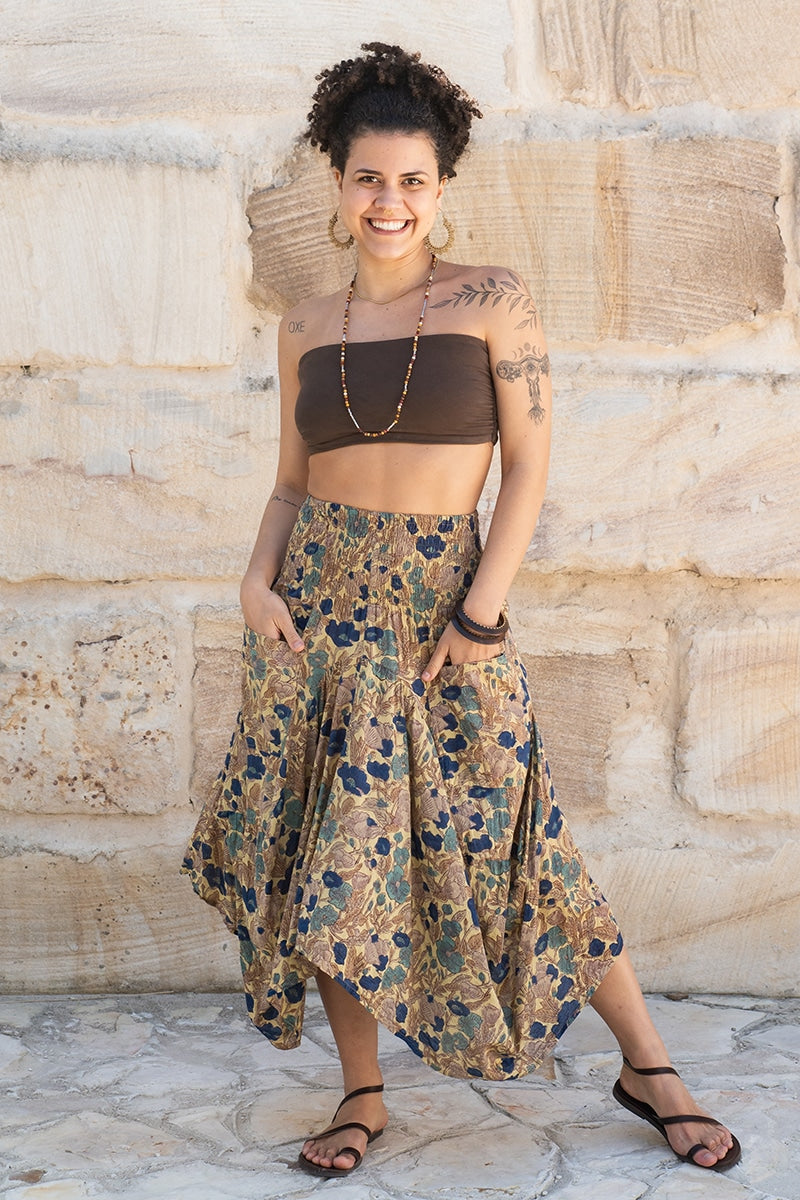 Womens, Coco Skirt, 100% cotton, hand block print. In Autumn toned - Myridia