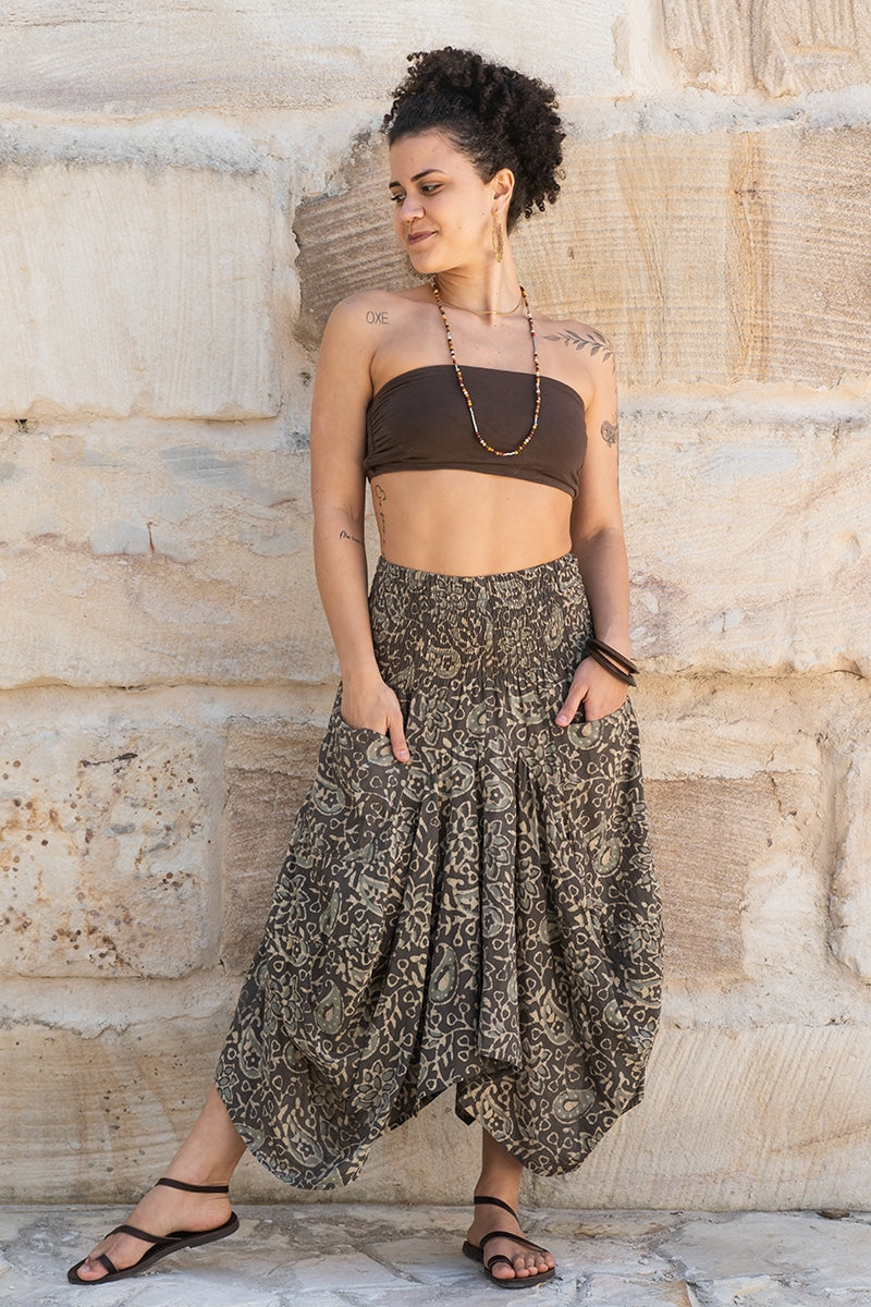 Womens, Coco Skirt, 100% cotton, hand block print. In natural dye - Kassis Tahlia