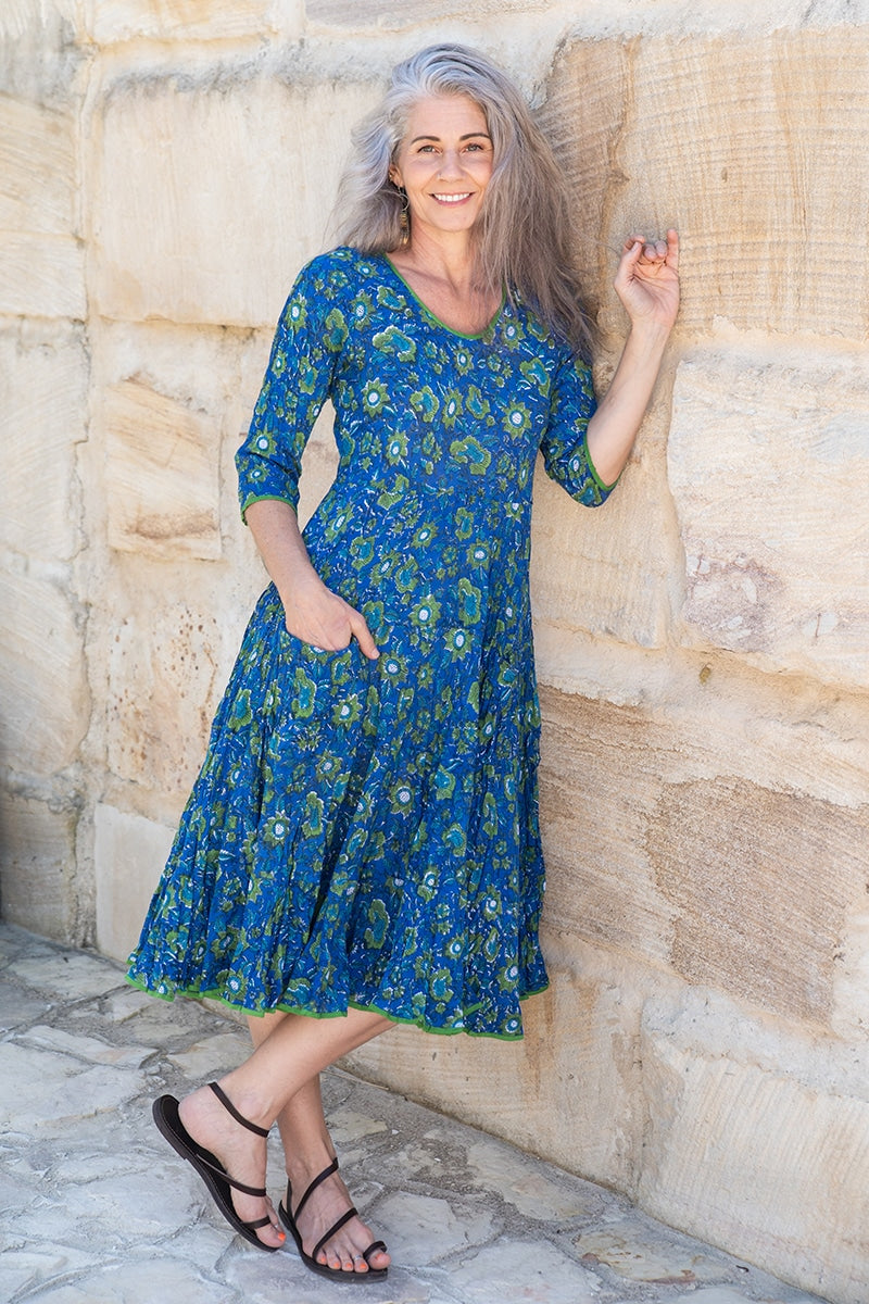 Womens, midi, Flamenco Dress, 100% Cotton, hand block print. Blue Green - Wren
