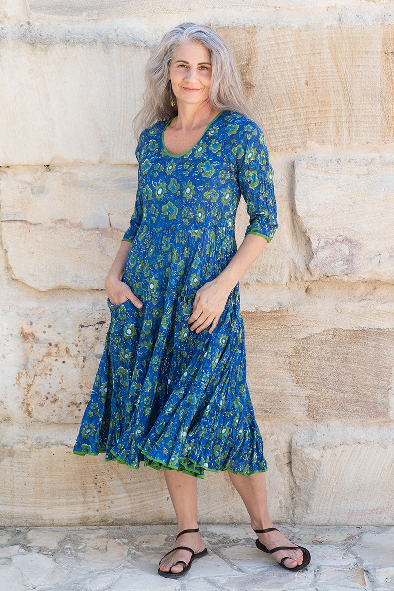 Womens, midi, Flamenco Dress, 100% Cotton, hand block print. Blue Green - Wren