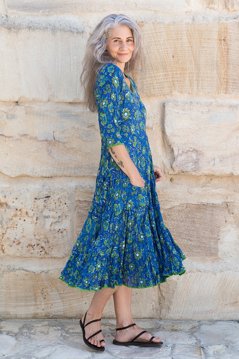 Womens, midi, Flamenco Dress, 100% Cotton, hand block print. Blue Green - Wren