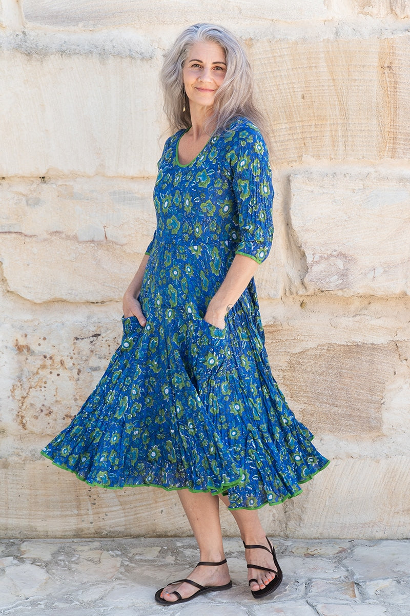 Womens, midi, Flamenco Dress, 100% Cotton, hand block print. Blue Green - Wren