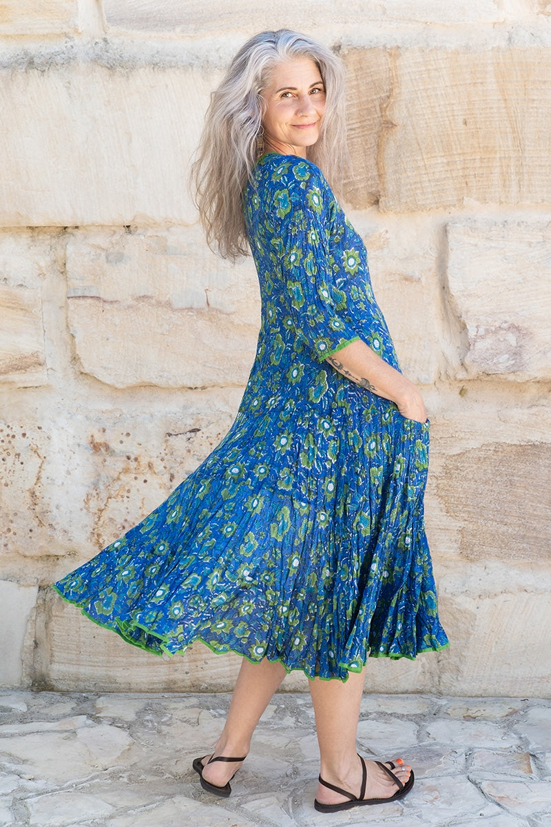 Womens, midi, Flamenco Dress, 100% Cotton, hand block print. Blue Green - Wren