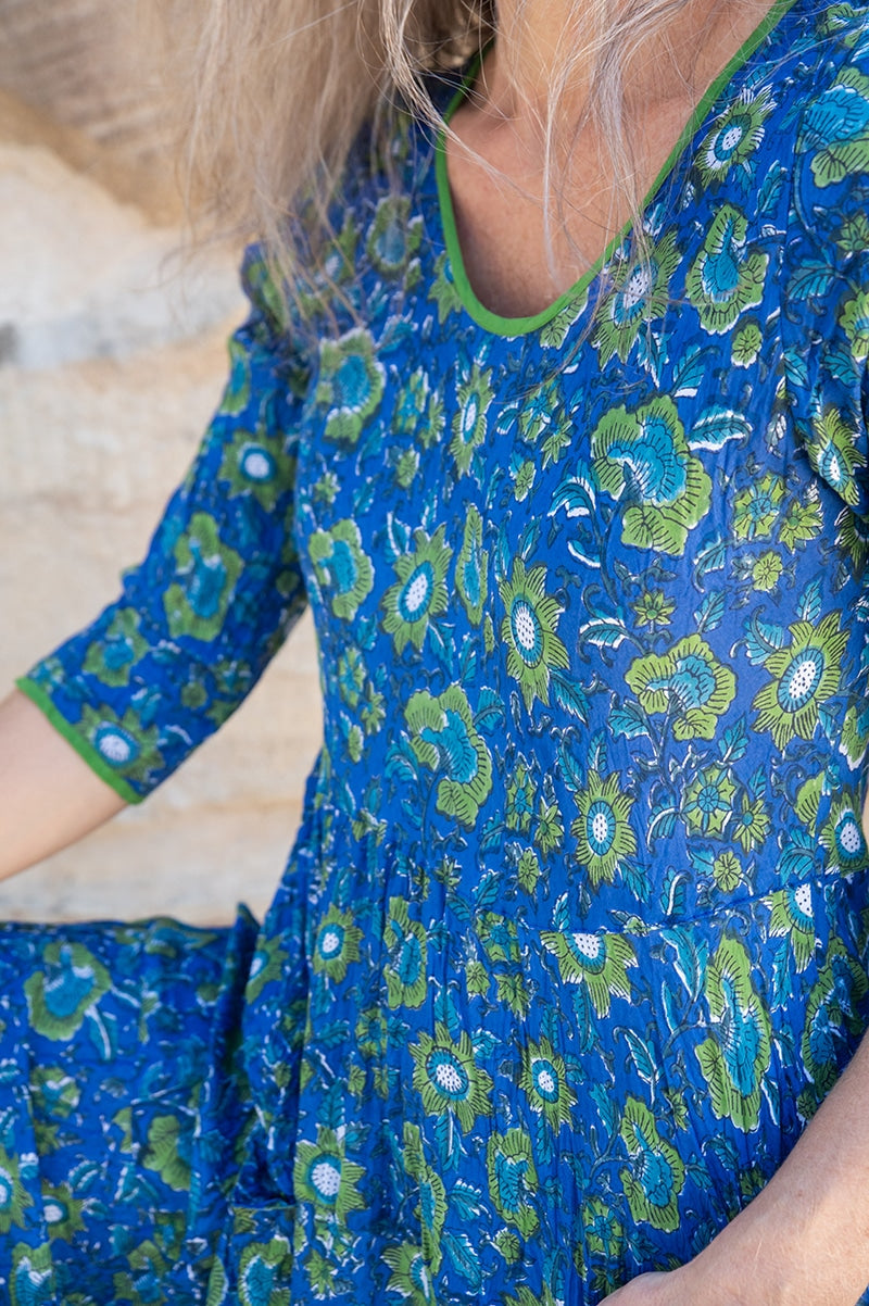Womens, midi, Flamenco Dress, 100% Cotton, hand block print. Blue Green - Wren