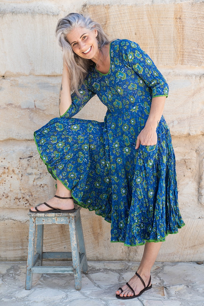 Womens, midi, Flamenco Dress, 100% Cotton, hand block print. Blue Green - Wren