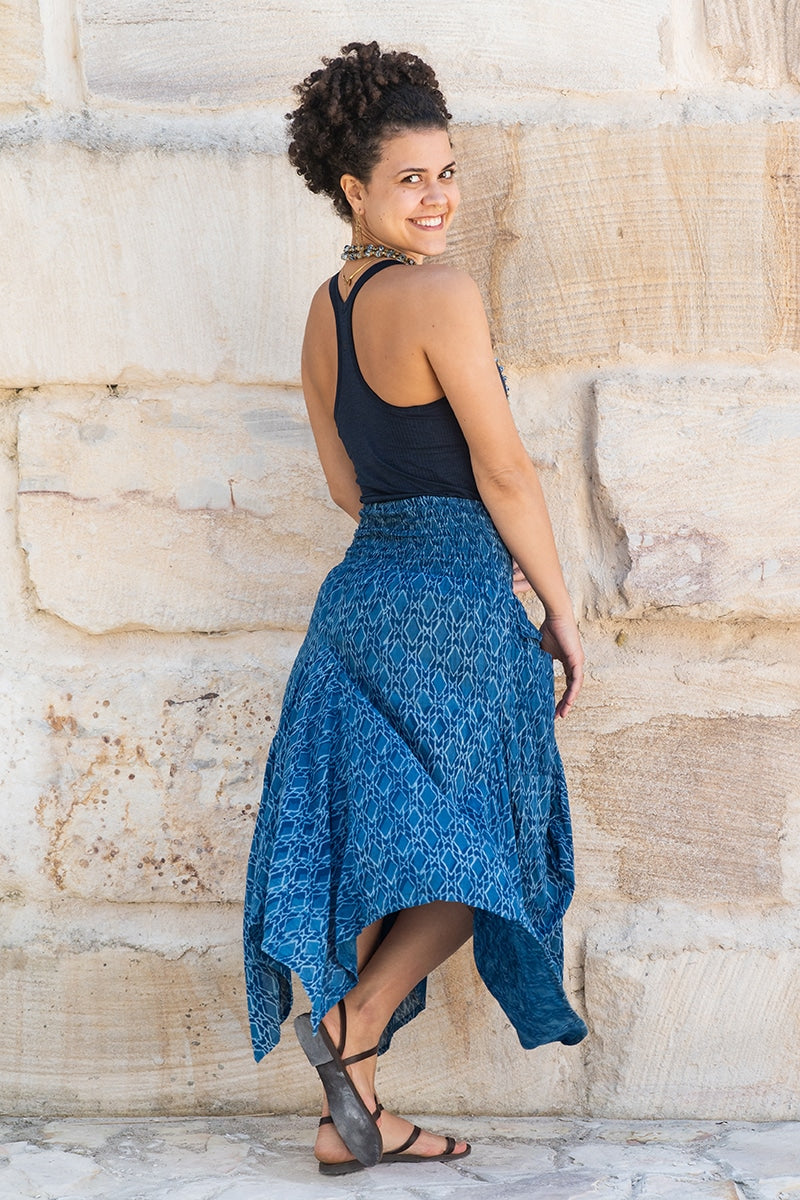 Womens, Coco Skirt, 100% cotton, hand block print. In natural Indigo Tala