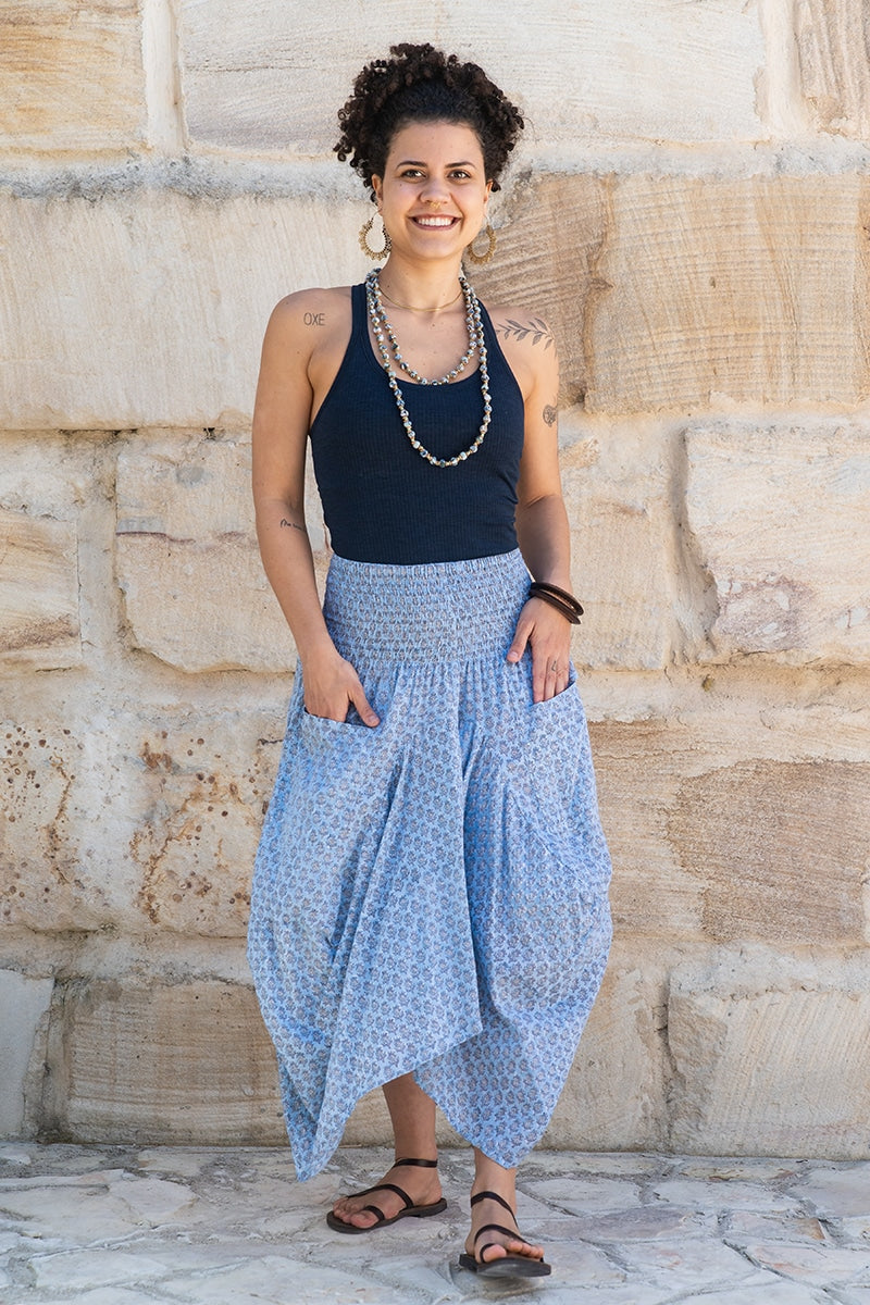 Womens, Coco Skirt, 100% cotton, hand block print. In soft light blue Floressa print