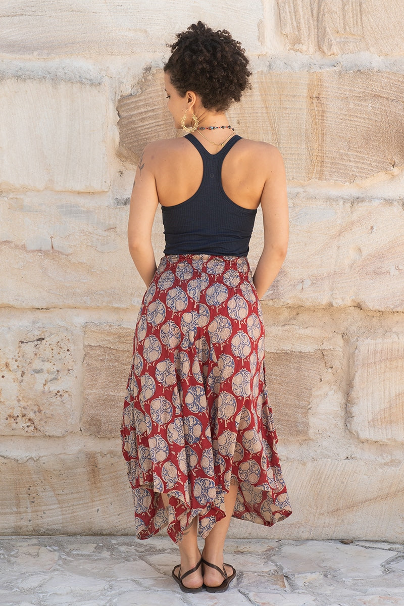 Womens, Coco Skirt, 100% cotton, hand block print. In vibrant red and blue Pomeray print