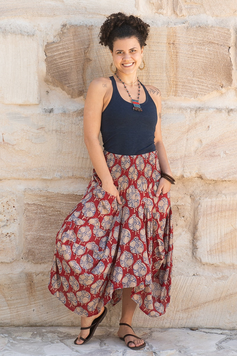 Womens, Coco Skirt, 100% cotton, hand block print. In vibrant red and blue Pomeray print