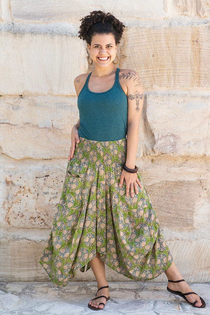 Womens, Coco Skirt, 100% cotton, hand block print. In vibrant green Edentree print