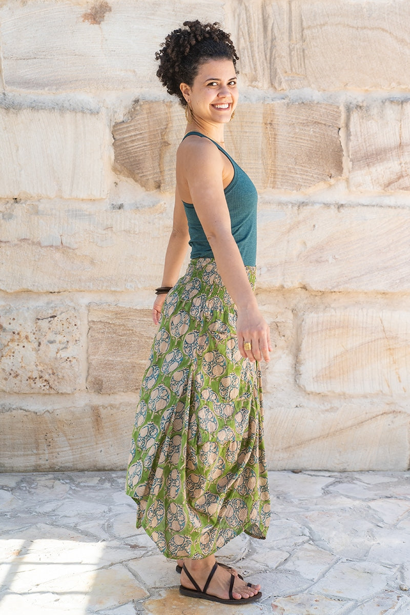 Womens, Coco Skirt, 100% cotton, hand block print. In vibrant green Edentree print