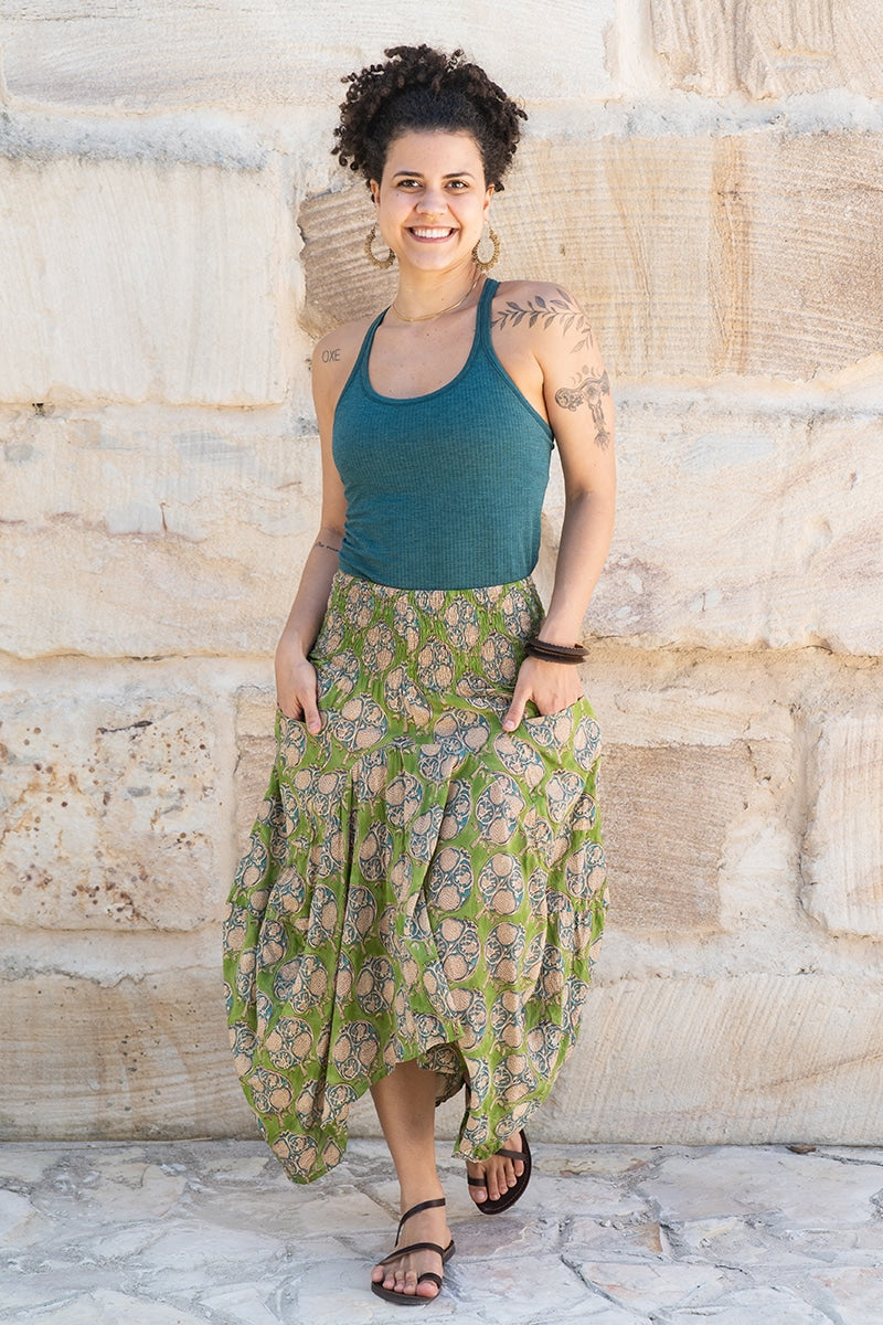 Womens, Coco Skirt, 100% cotton, hand block print. In vibrant green Edentree print