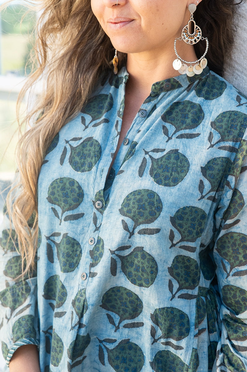 Womens Erika dress, 100% cotton, hand block print. In natural Naspal Figaris print.