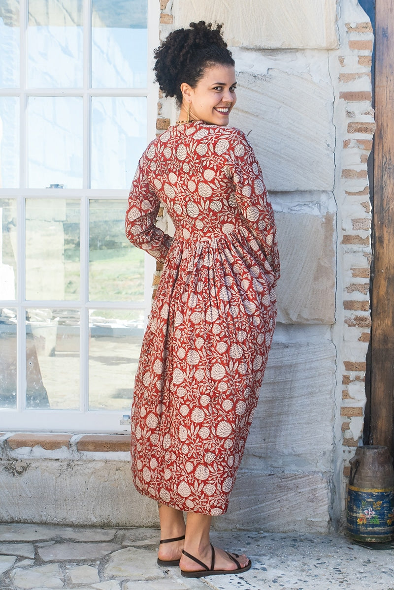 Womens Erika dress, 100% cotton, hand block print. In natural Begru Jivana print.