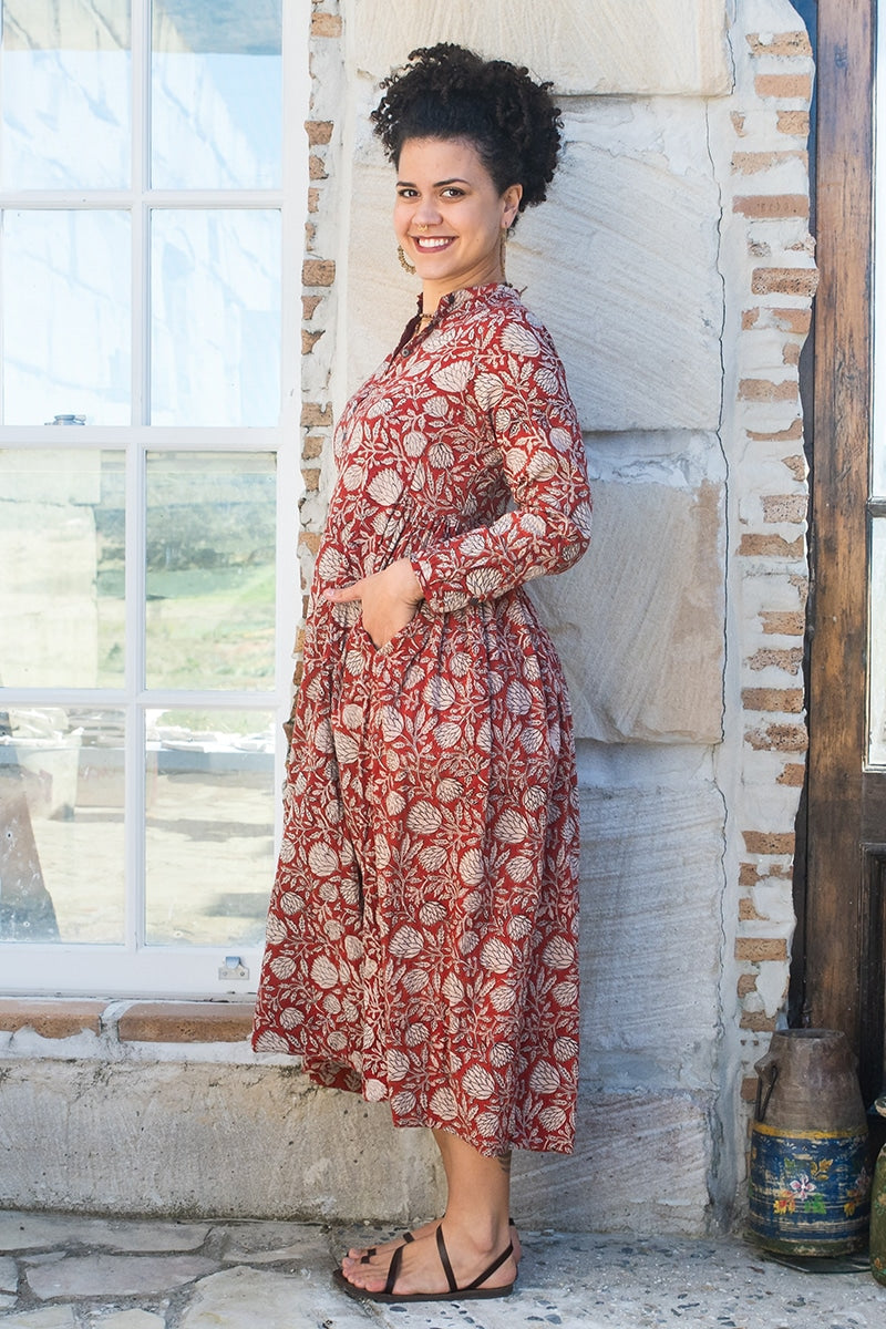 Womens Erika dress, 100% cotton, hand block print. In natural Begru Jivana print.
