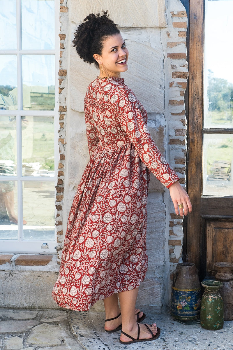 Womens Erika dress, 100% cotton, hand block print. In natural Begru Jivana print.
