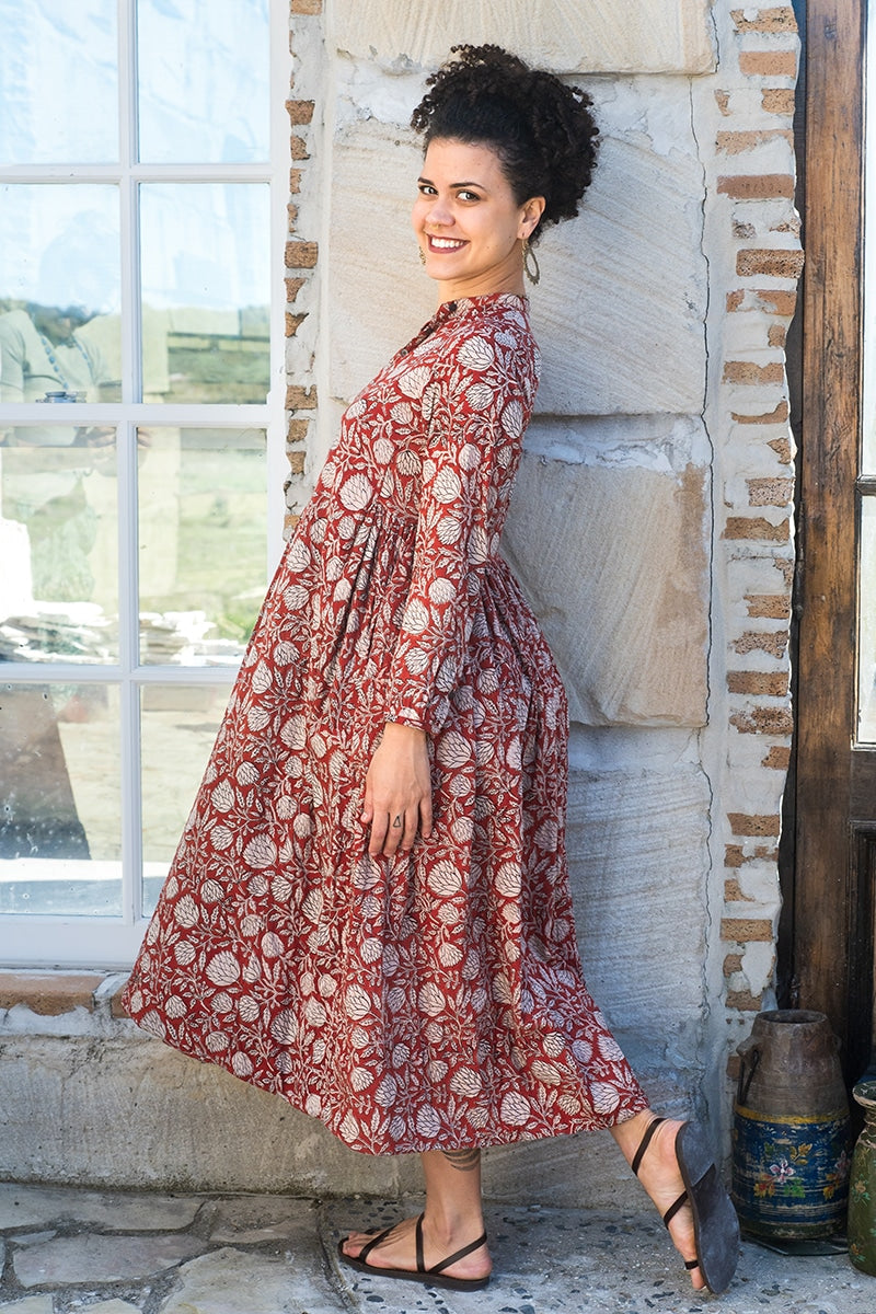 Womens Erika dress, 100% cotton, hand block print. In natural Begru Jivana print.