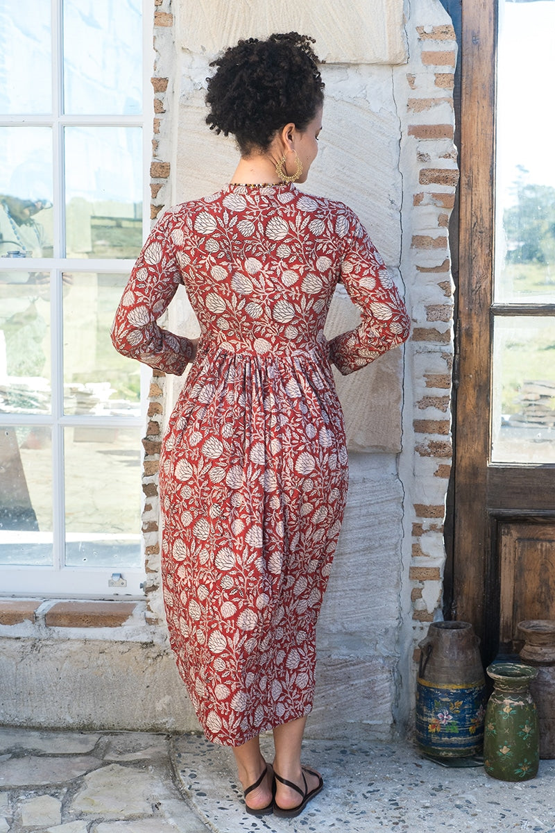 Womens Erika dress, 100% cotton, hand block print. In natural Begru Jivana print.
