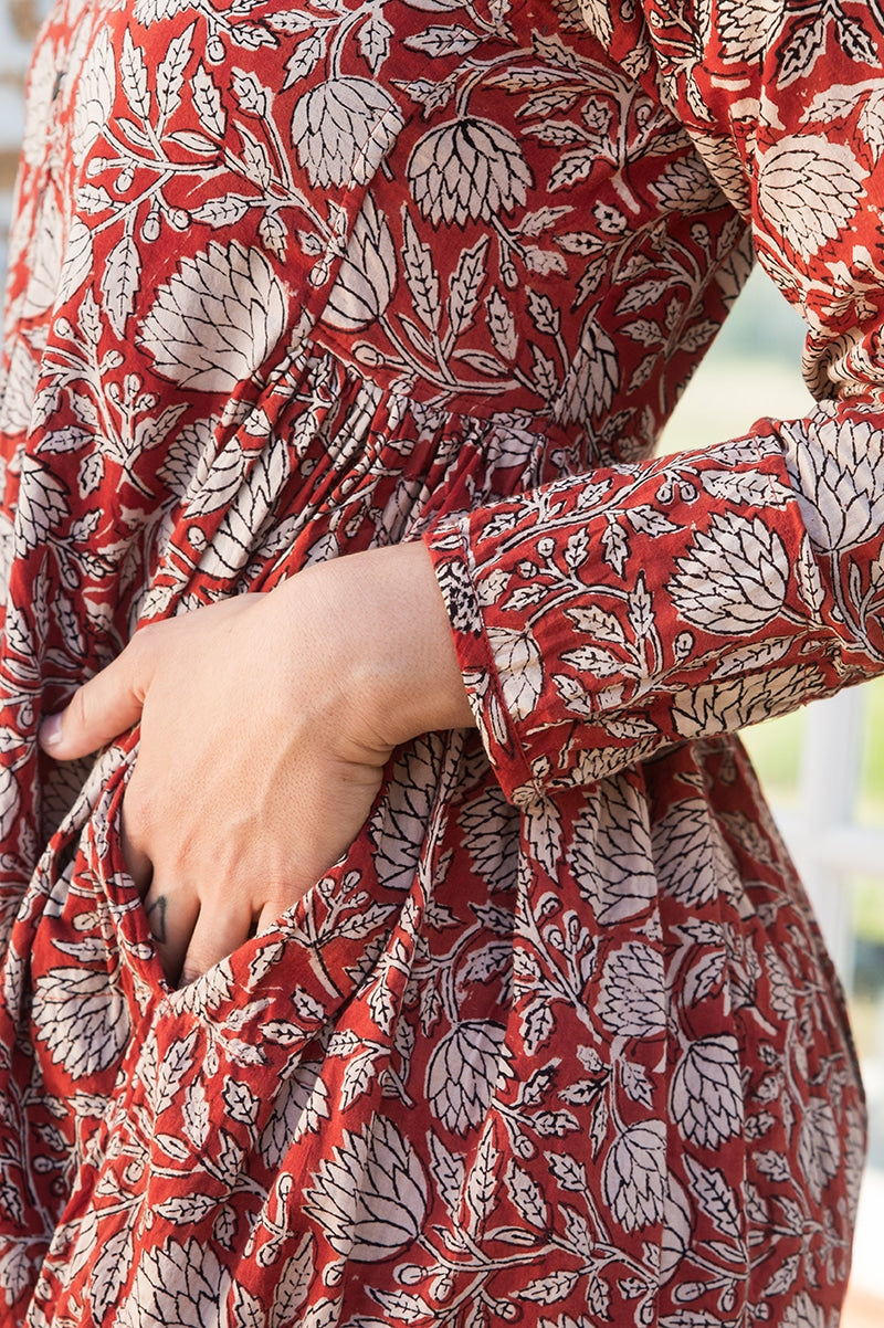 Womens Erika dress, 100% cotton, hand block print. In natural Begru Jivana print.