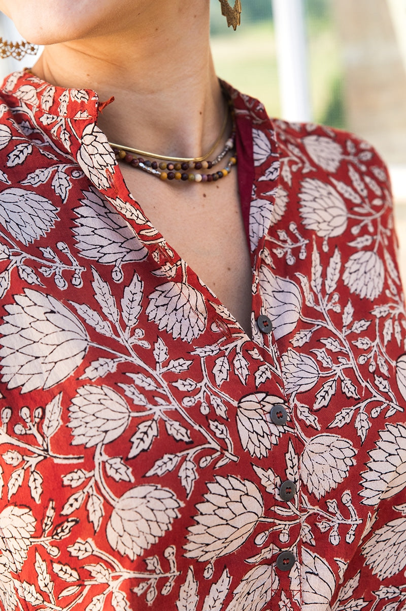 Womens Erika dress, 100% cotton, hand block print. In natural Begru Jivana print.