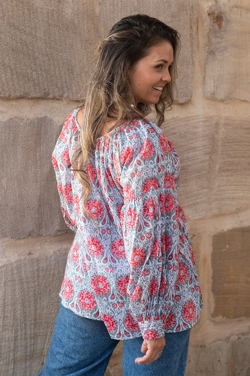 Womens, Senera blouse, long sleeve, 100% cotton, hand block print. In pink & grey Floria print.