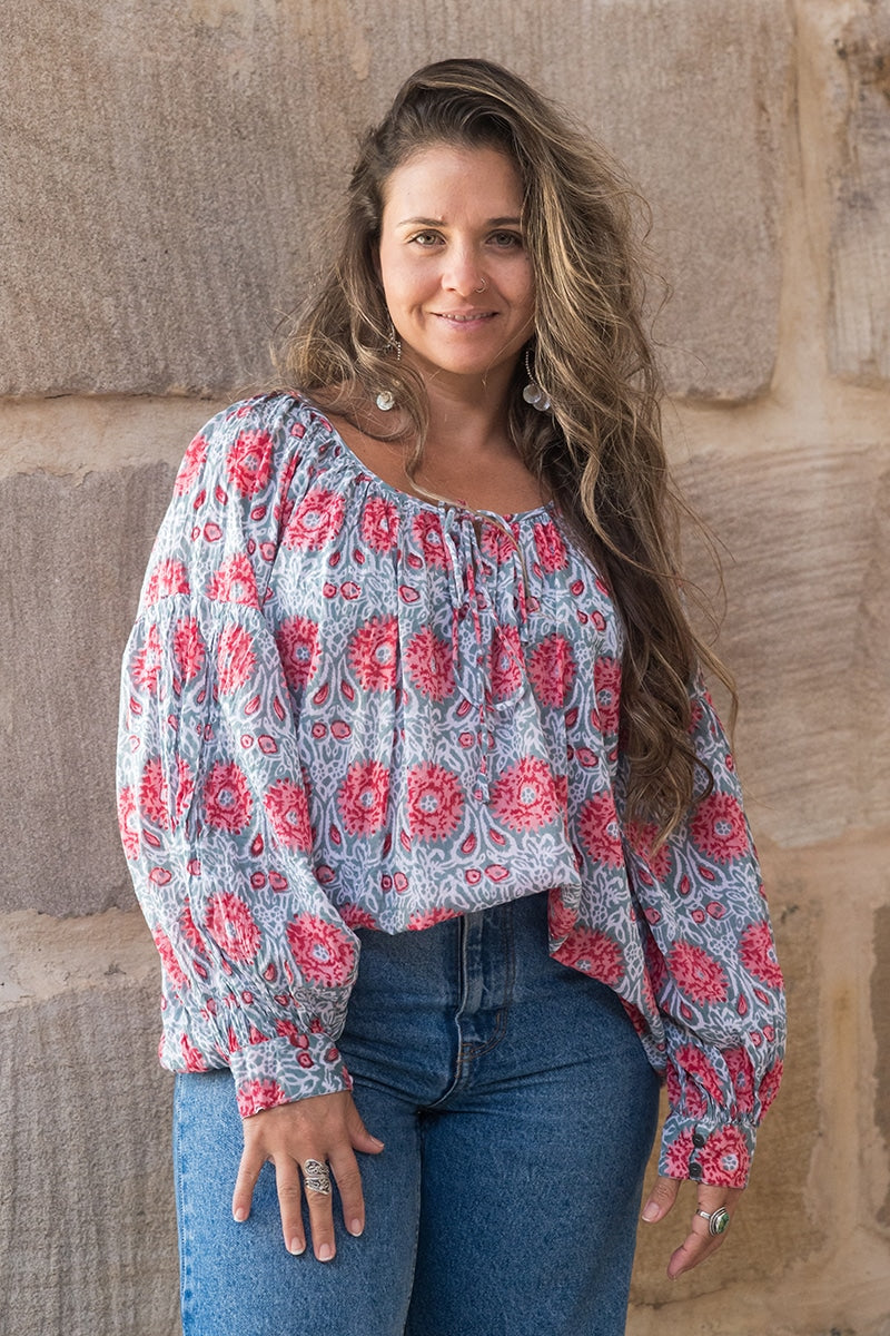 Womens, Senera blouse, long sleeve, 100% cotton, hand block print. In pink & grey Floria print.