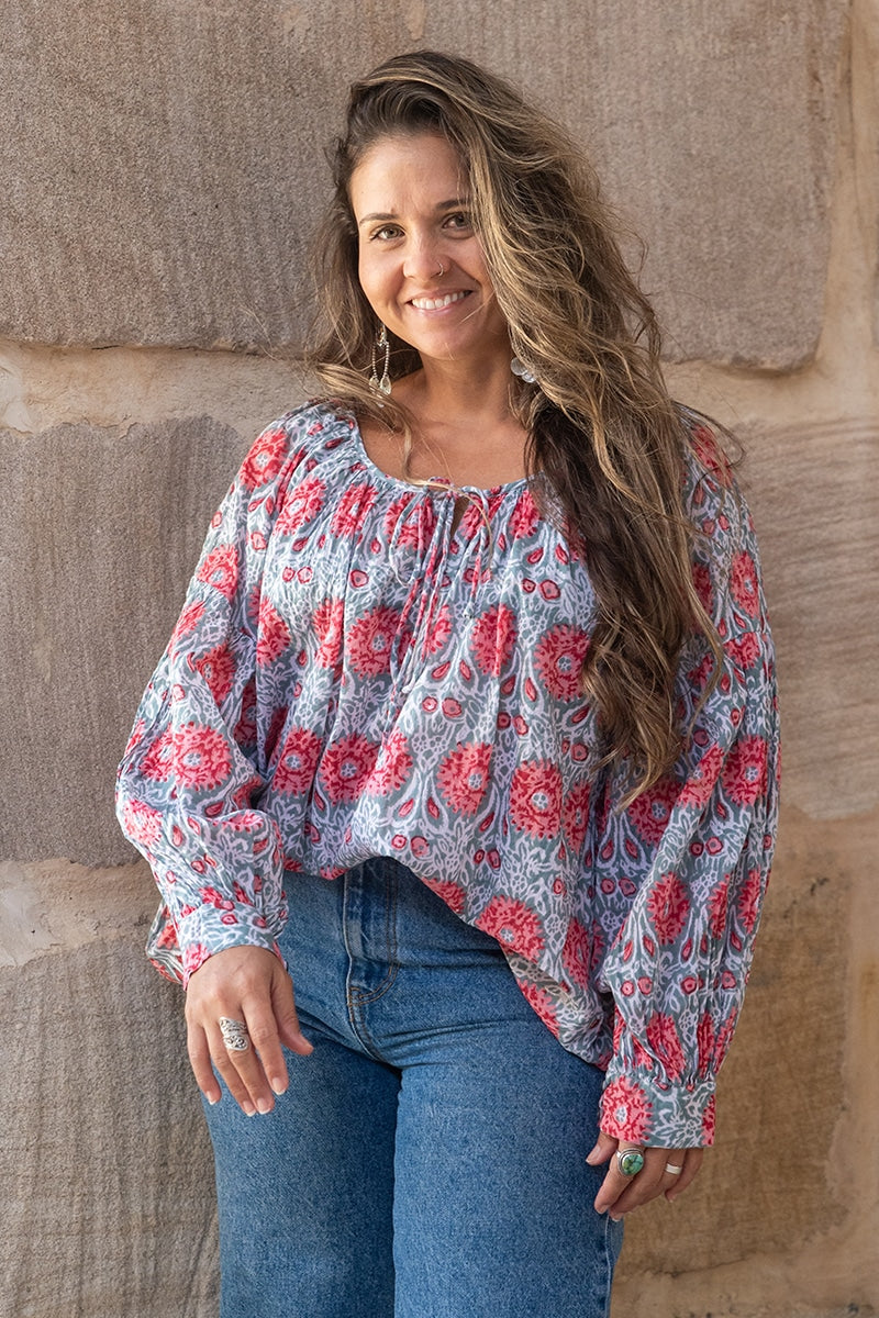 Womens, Senera blouse, long sleeve, 100% cotton, hand block print. In pink & grey Floria print.
