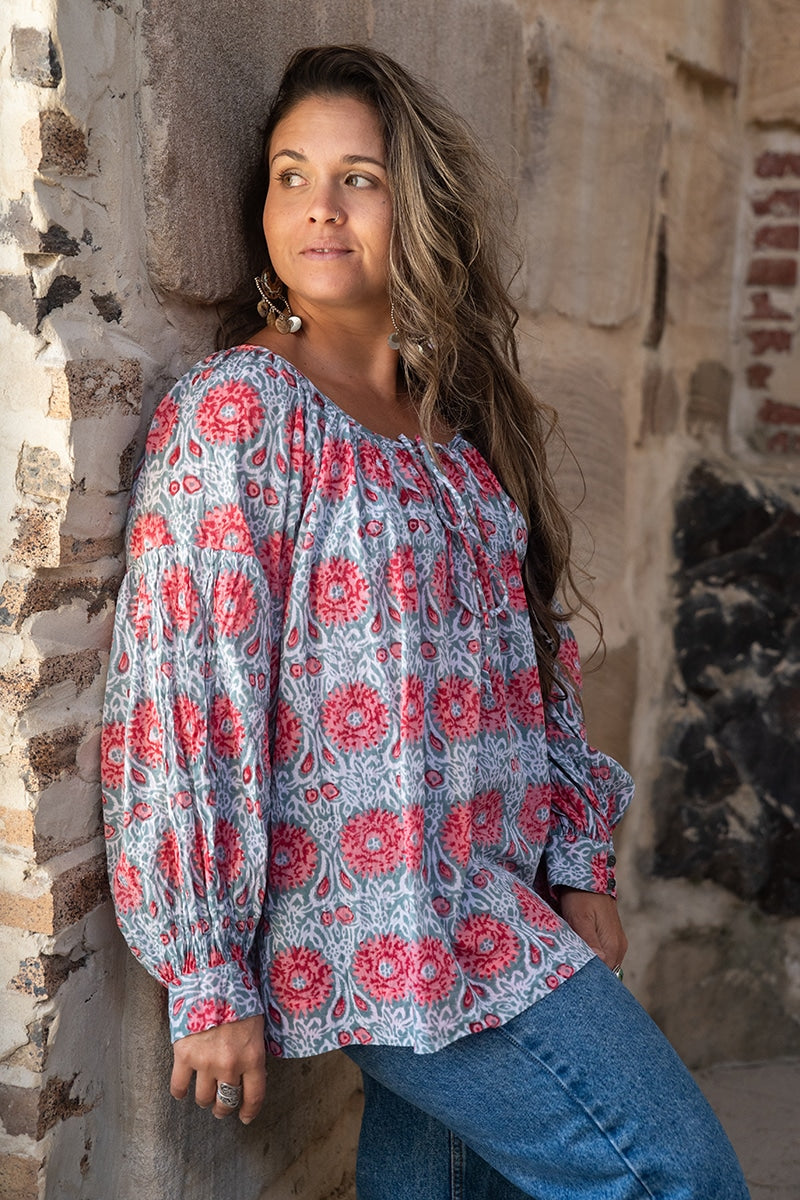 Womens, Senera blouse, long sleeve, 100% cotton, hand block print. In pink & grey Floria print.
