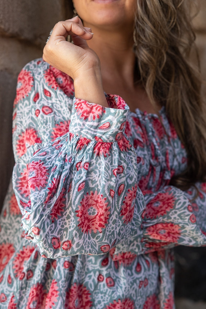 Womens, Senera blouse, long sleeve, 100% cotton, hand block print. In pink & grey Floria print.