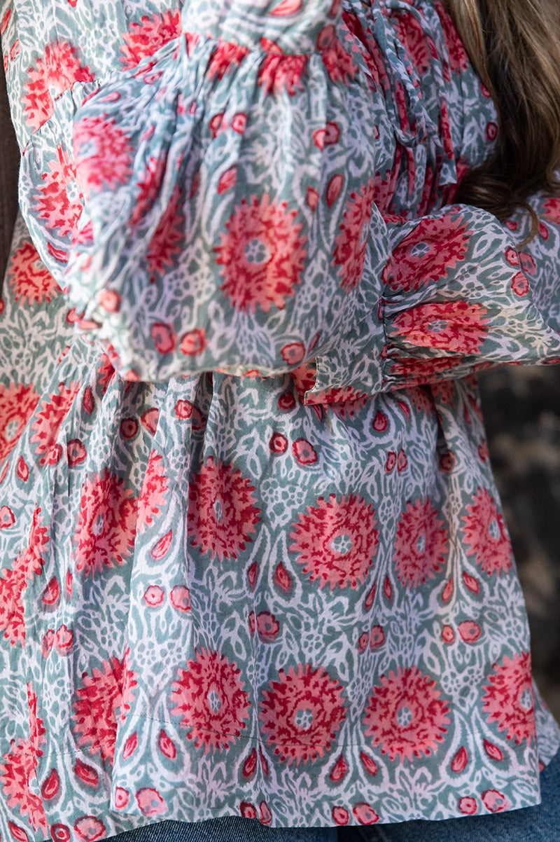 Womens, Senera blouse, long sleeve, 100% cotton, hand block print. In pink & grey Floria print.