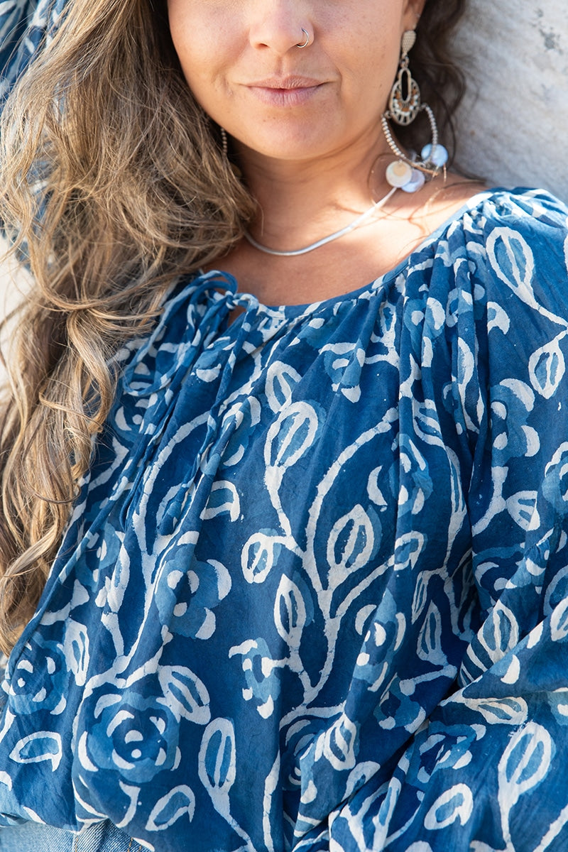 Womens, Senera blouse, long sleeve, 100% cotton, hand block print. In natural Indigo Suri print.