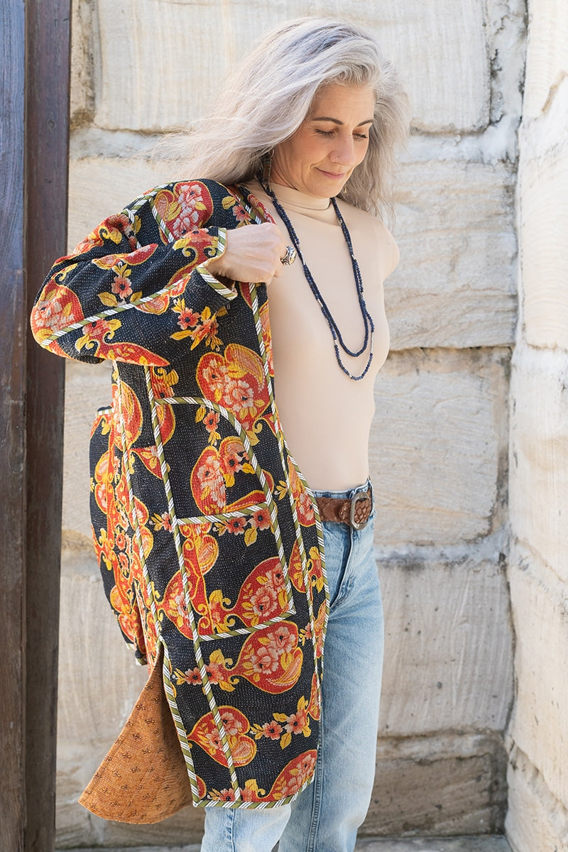 Womens, Kantha Dust Coat, reversible, handmade from 100% cotton recycled Vintage fabrics, in Amba