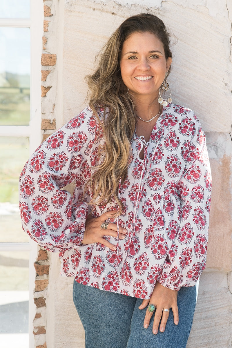 Womens, Indira blouse, long sleeve, 100% cotton, hand block print. In pink floral Parisa print.