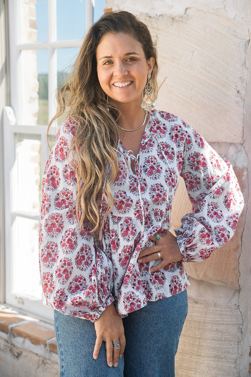 Womens, Indira blouse, long sleeve, 100% cotton, hand block print. In pink floral Parisa print.