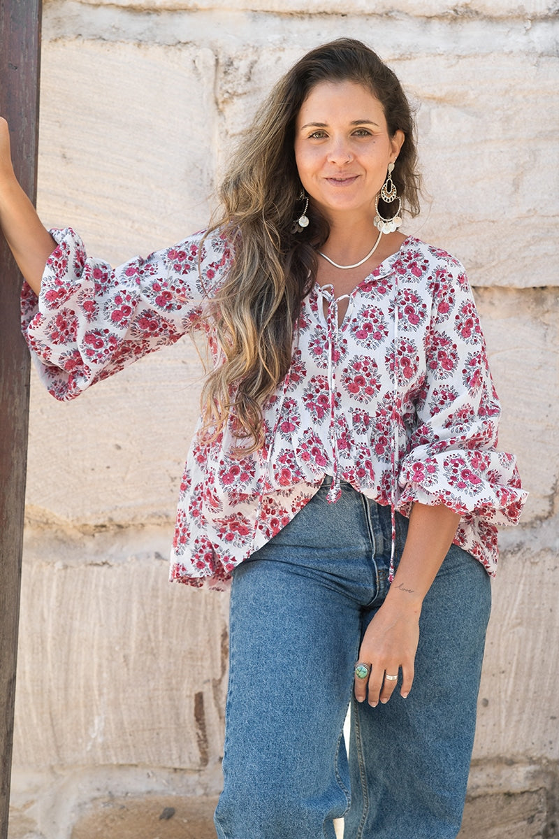 Womens, Indira blouse, long sleeve, 100% cotton, hand block print. In pink floral Parisa print.