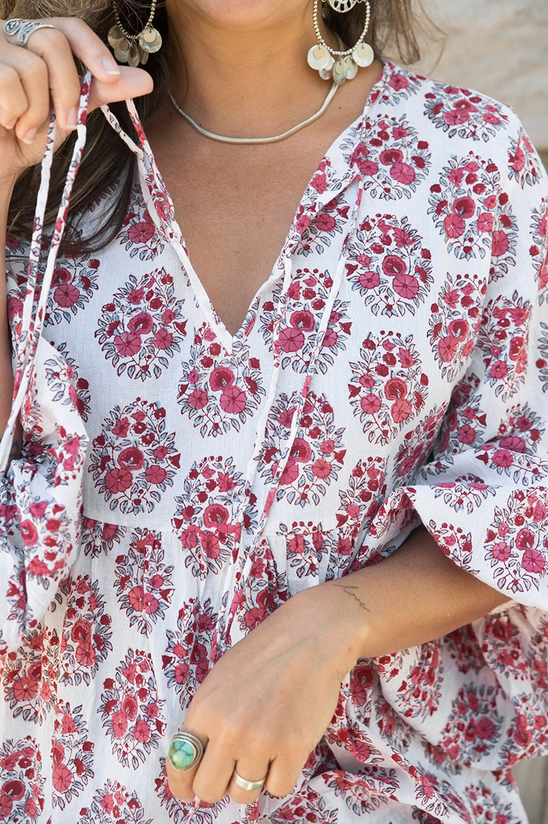 Womens, Indira blouse, long sleeve, 100% cotton, hand block print. In pink floral Parisa print.