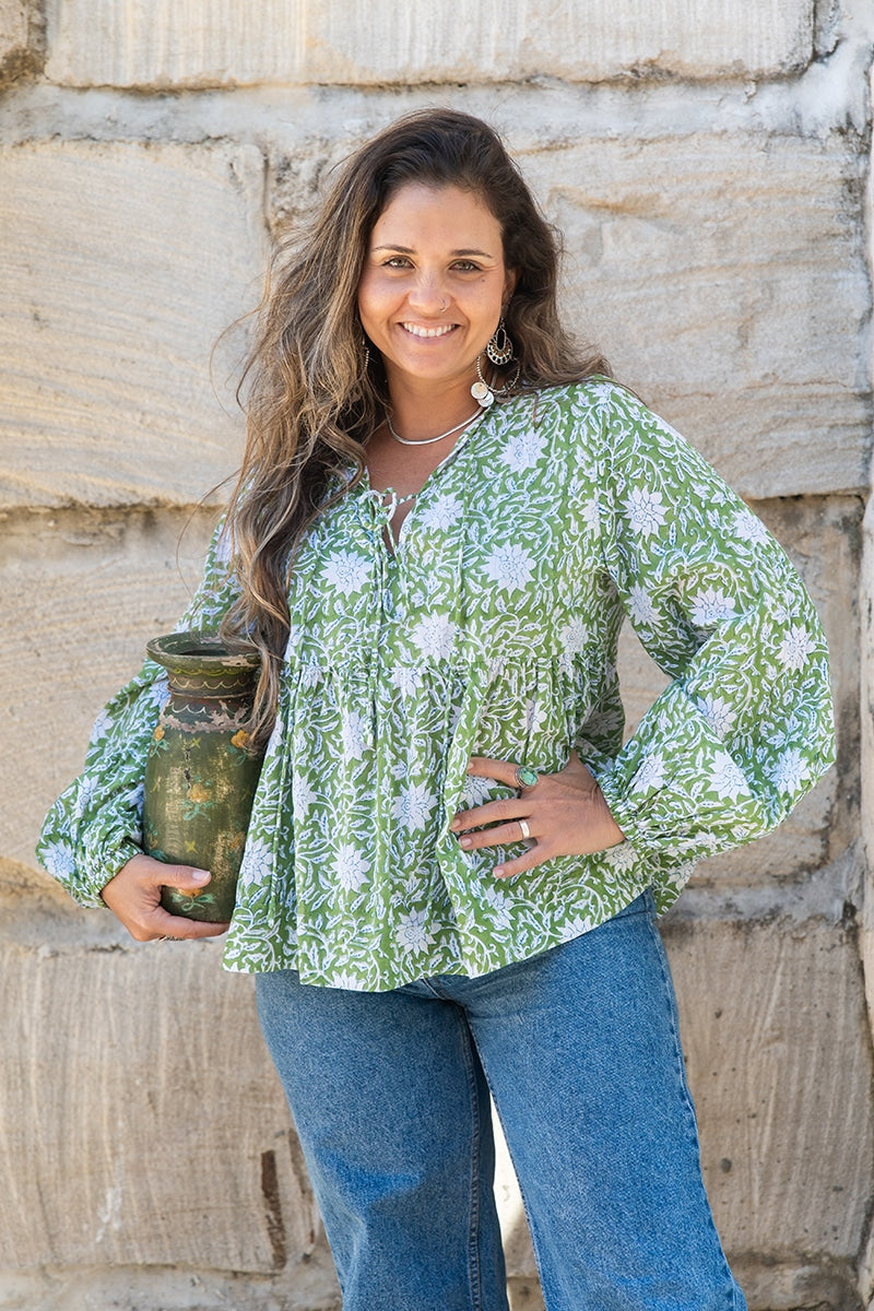Womens, Indira blouse, long sleeve, 100% cotton, hand block print. In Evergreen print.