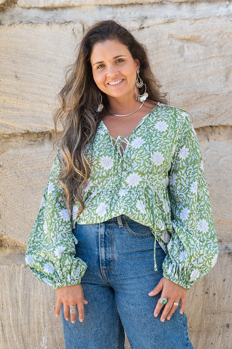 Womens, Indira blouse, long sleeve, 100% cotton, hand block print. In Evergreen print.